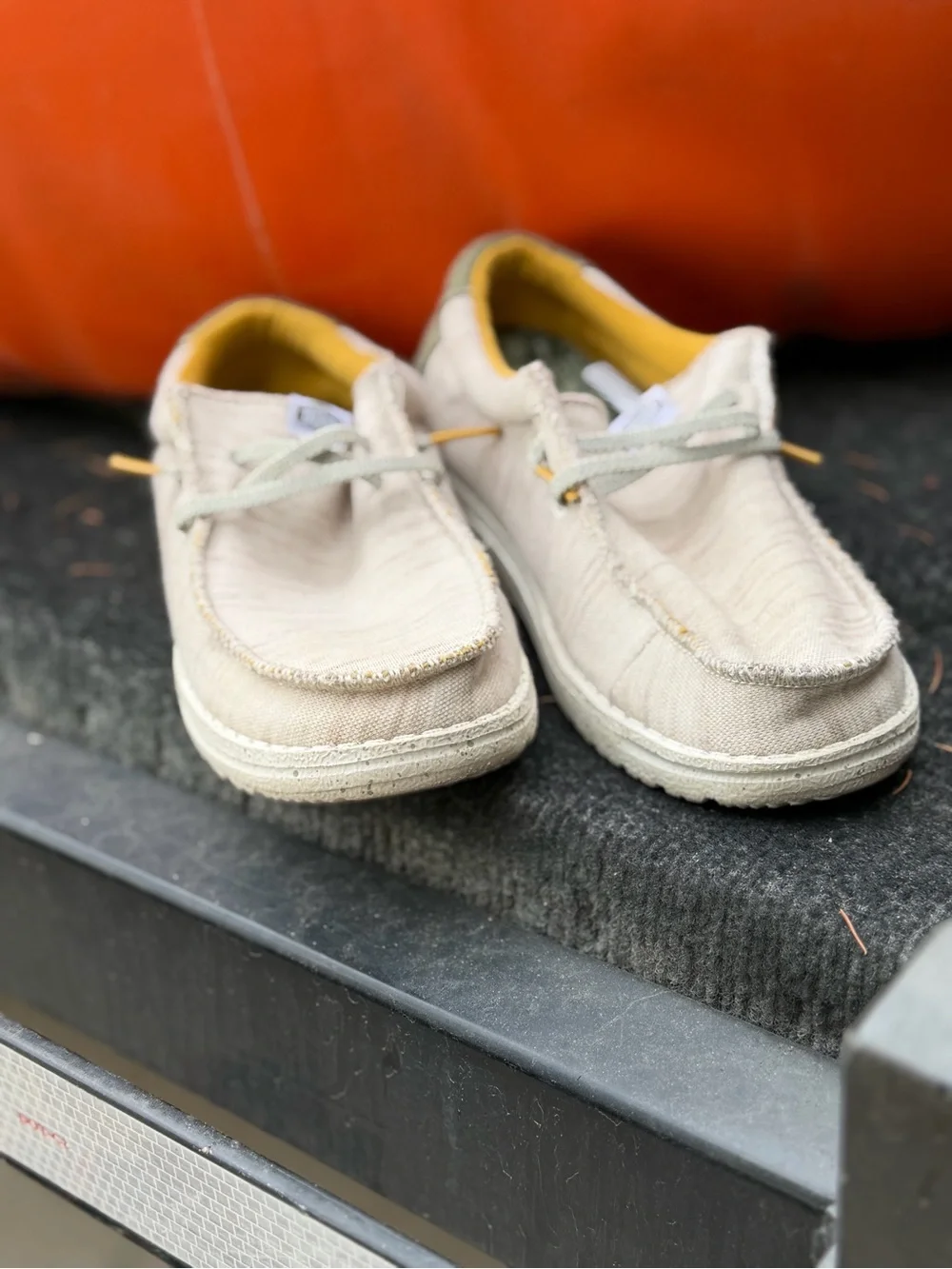 Hey Dude Beige Canvas Slip-On Shoes with Olive Laces and Yellow Trim size 2